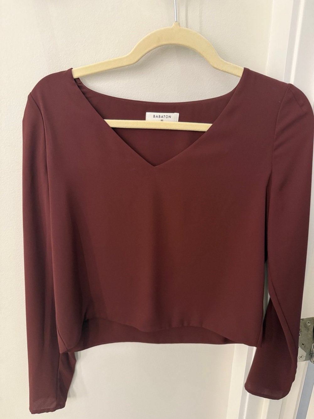 Babaton Long Sleeve V-Neck Top in Burgundy